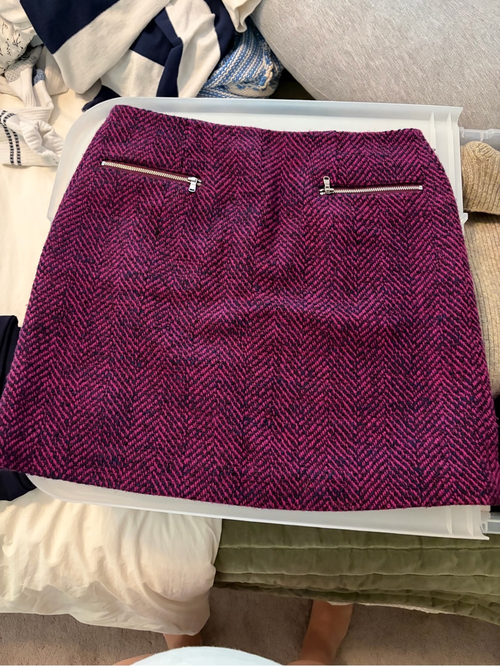 Purple Herringbone Tweed Skirt with Zip Pocket Detail